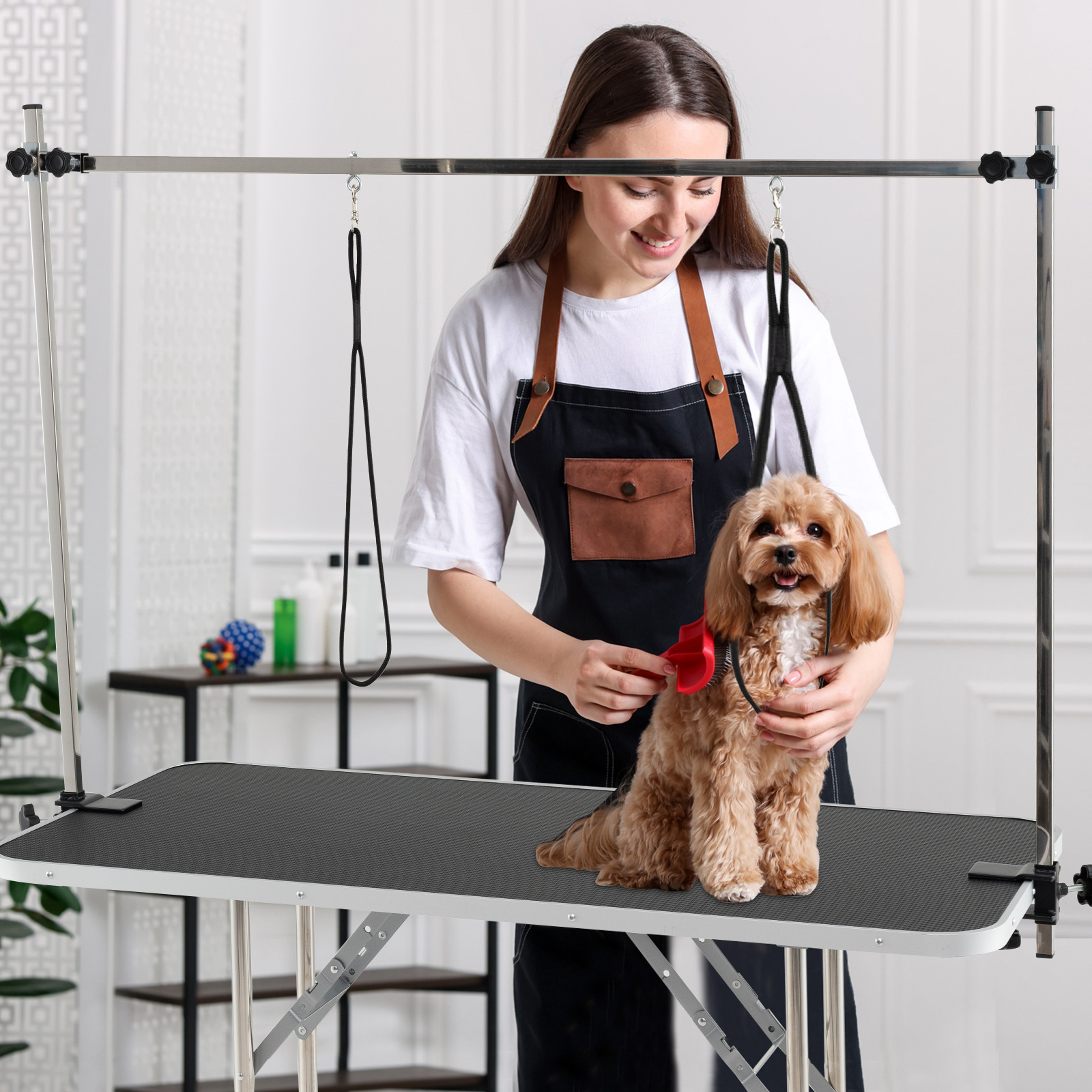 Dog Grooming Table, Foldable Home Pet Bathing Station with Height Adjustable Arms