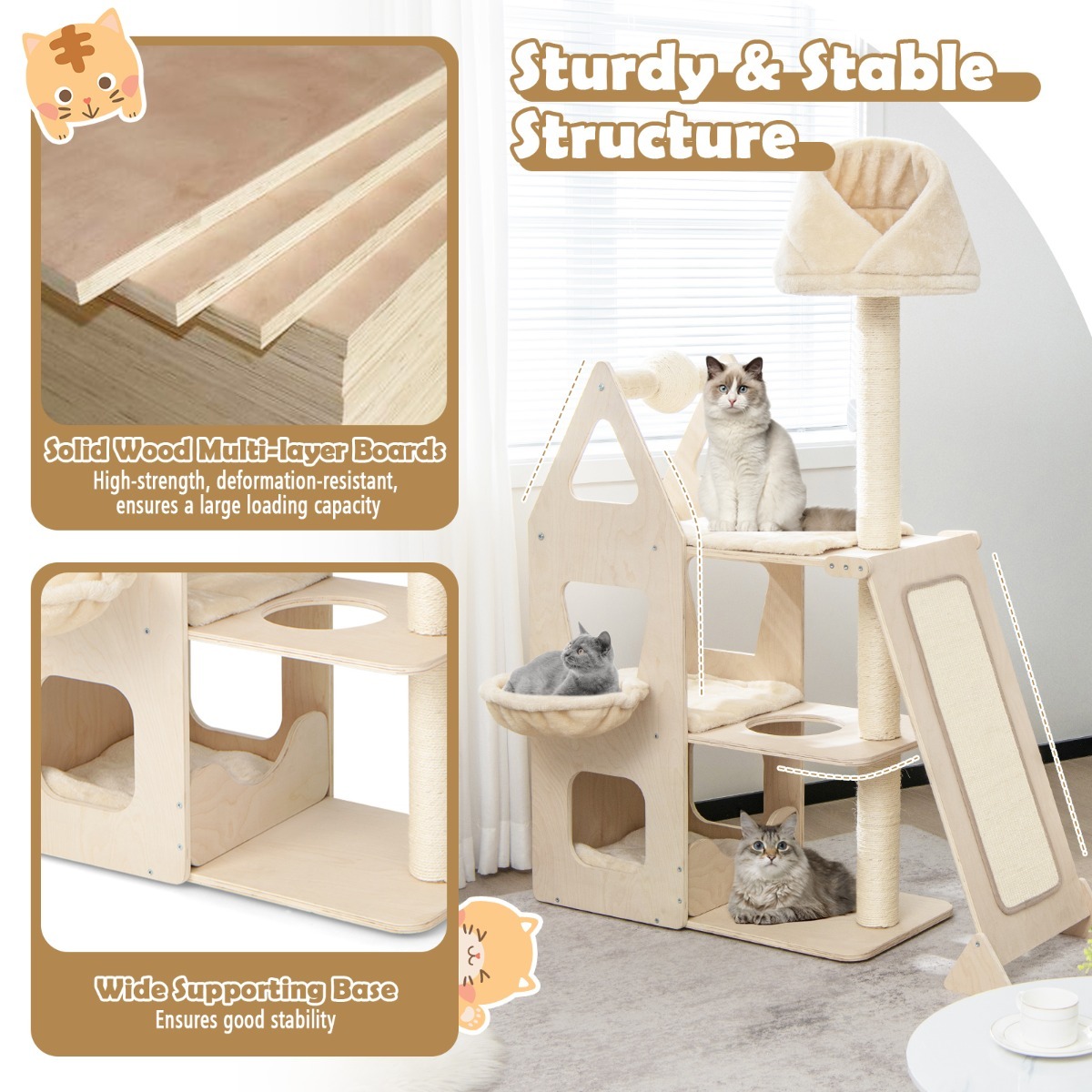 Furfurst Multi-Layer Wooden Cat Tree with Plush Perch for Kitten