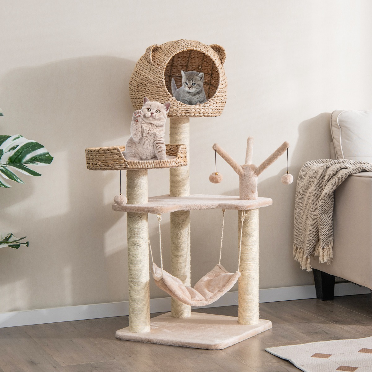 Furfurst 121cm Tall Cat Tree Tower Kitten Activity Center with Cattail Fluff Cat Condo