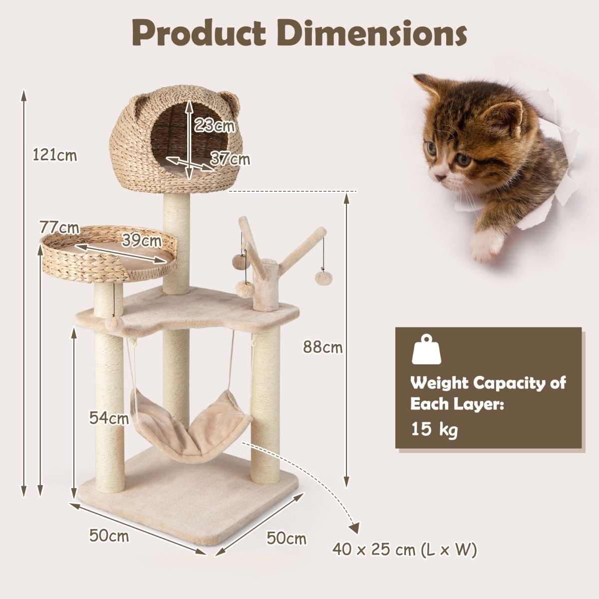 Furfurst 121cm Tall Cat Tree Tower Kitten Activity Center with Cattail Fluff Cat Condo