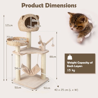 Furfurst 121cm Tall Cat Tree Tower Kitten Activity Center with Cattail Fluff Cat Condo