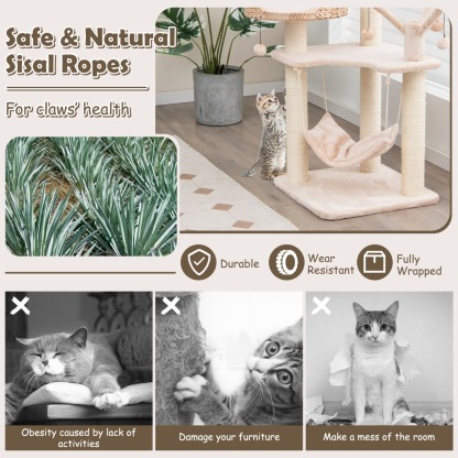 Furfurst 121cm Tall Cat Tree Tower Kitten Activity Center with Cattail Fluff Cat Condo