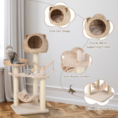 Furfurst 121cm Tall Cat Tree Tower Kitten Activity Center with Cattail Fluff Cat Condo