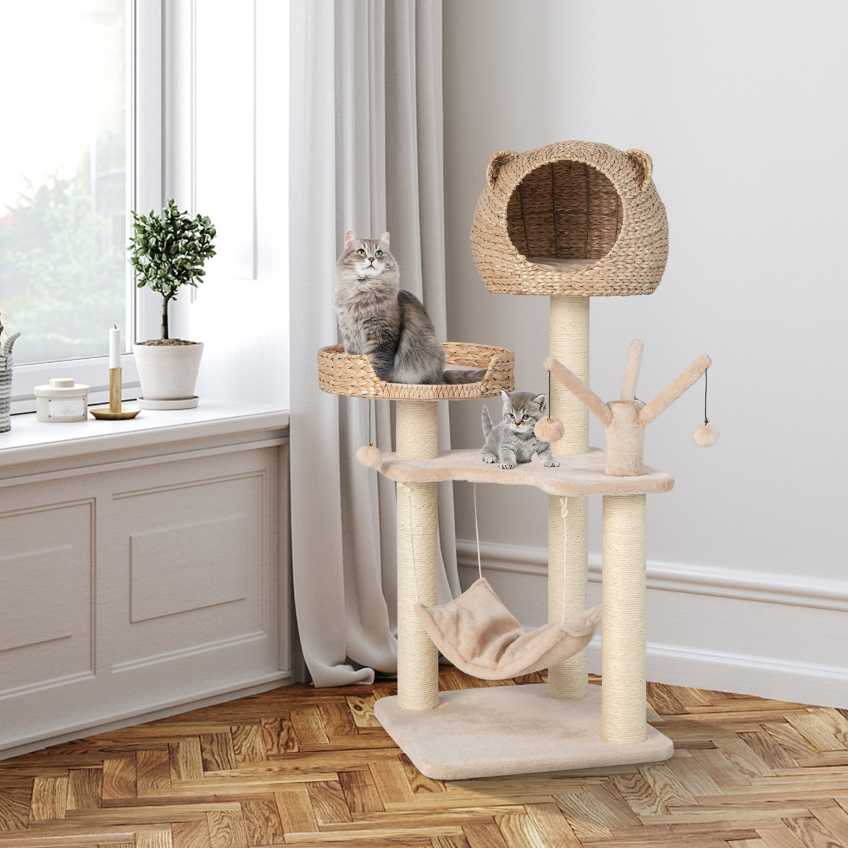Furfurst 121cm Tall Cat Tree Tower Kitten Activity Center with Cattail Fluff Cat Condo