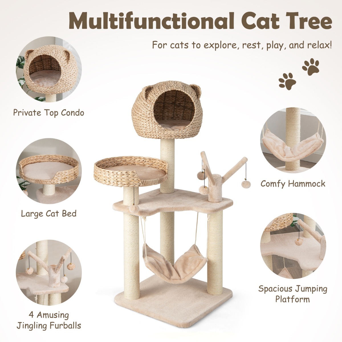Furfurst 121cm Tall Cat Tree Tower Kitten Activity Center with Cattail Fluff Cat Condo