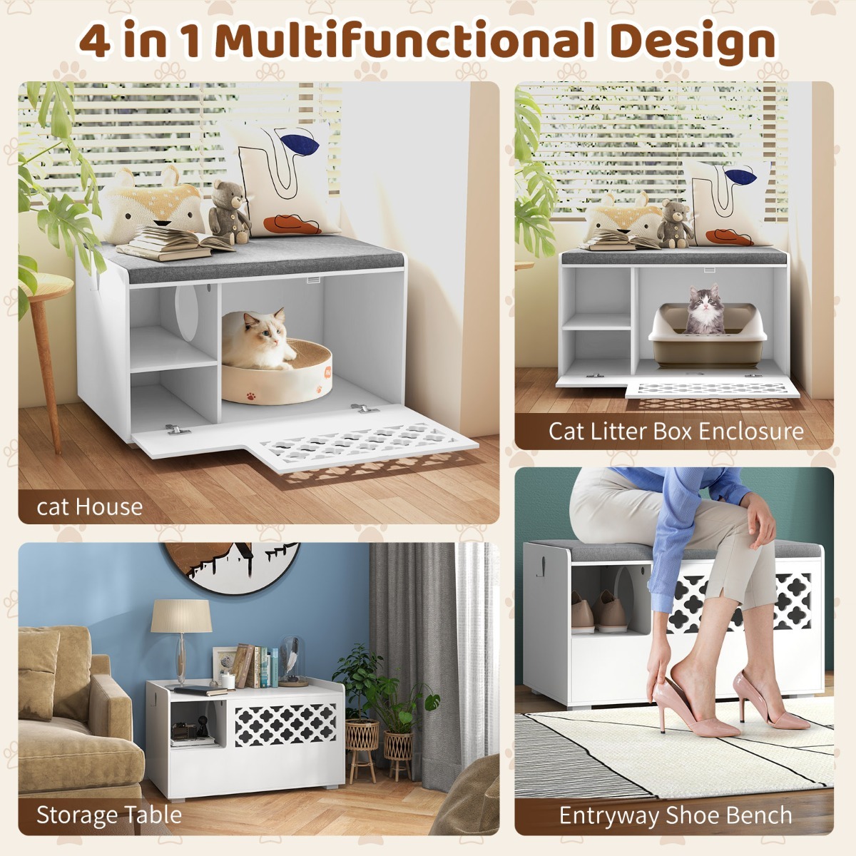 Furfurst Cat Litter Box Enclosure with Removable Cushion for Pets