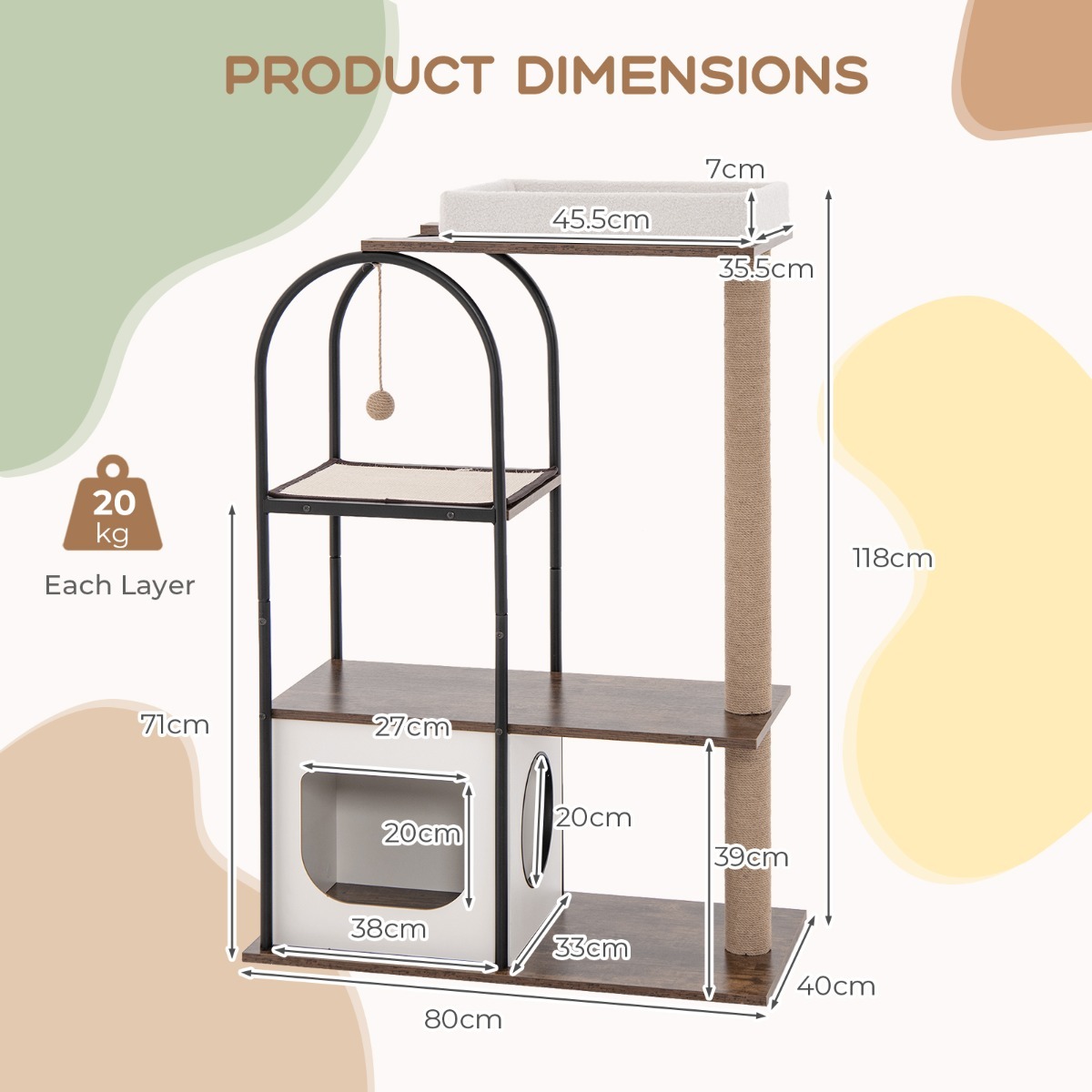 118 CM Tall Cat Tree Tower Top Perch Cat Bed with Metal Frame-FURFURST