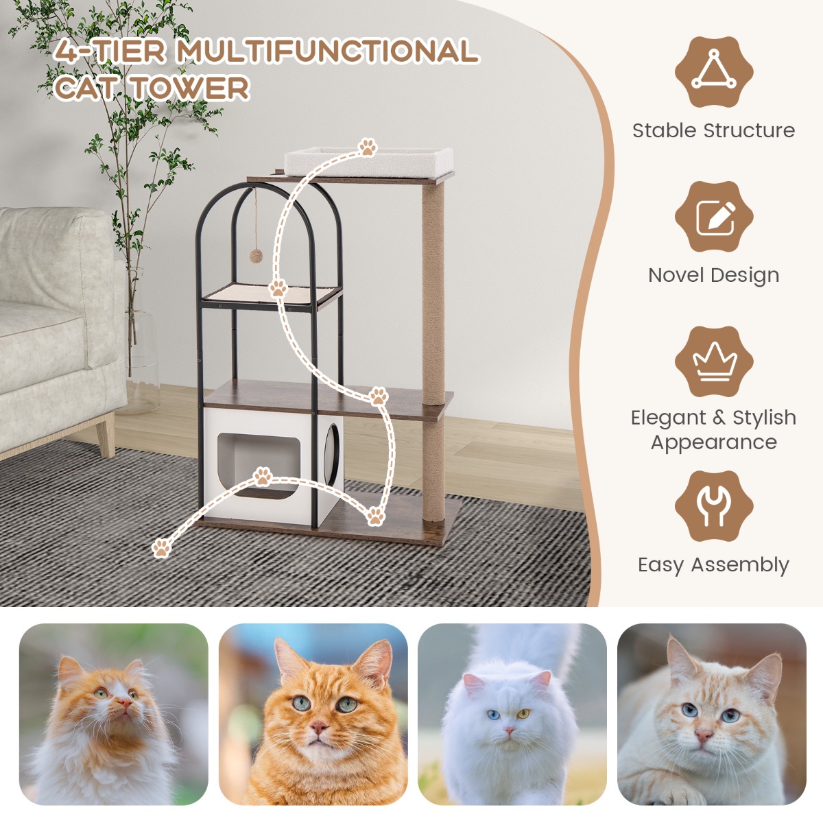 Furfurst 118 CM Tall Cat Tree Tower Top Perch Cat Bed with Metal Frame