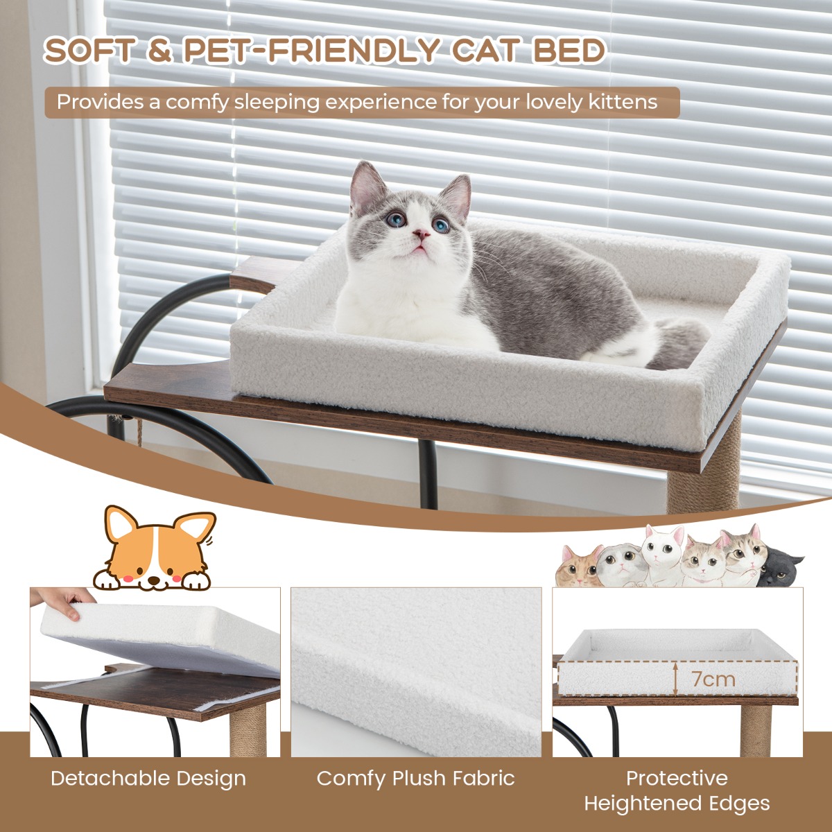 Furfurst 118 CM Tall Cat Tree Tower Top Perch Cat Bed with Metal Frame