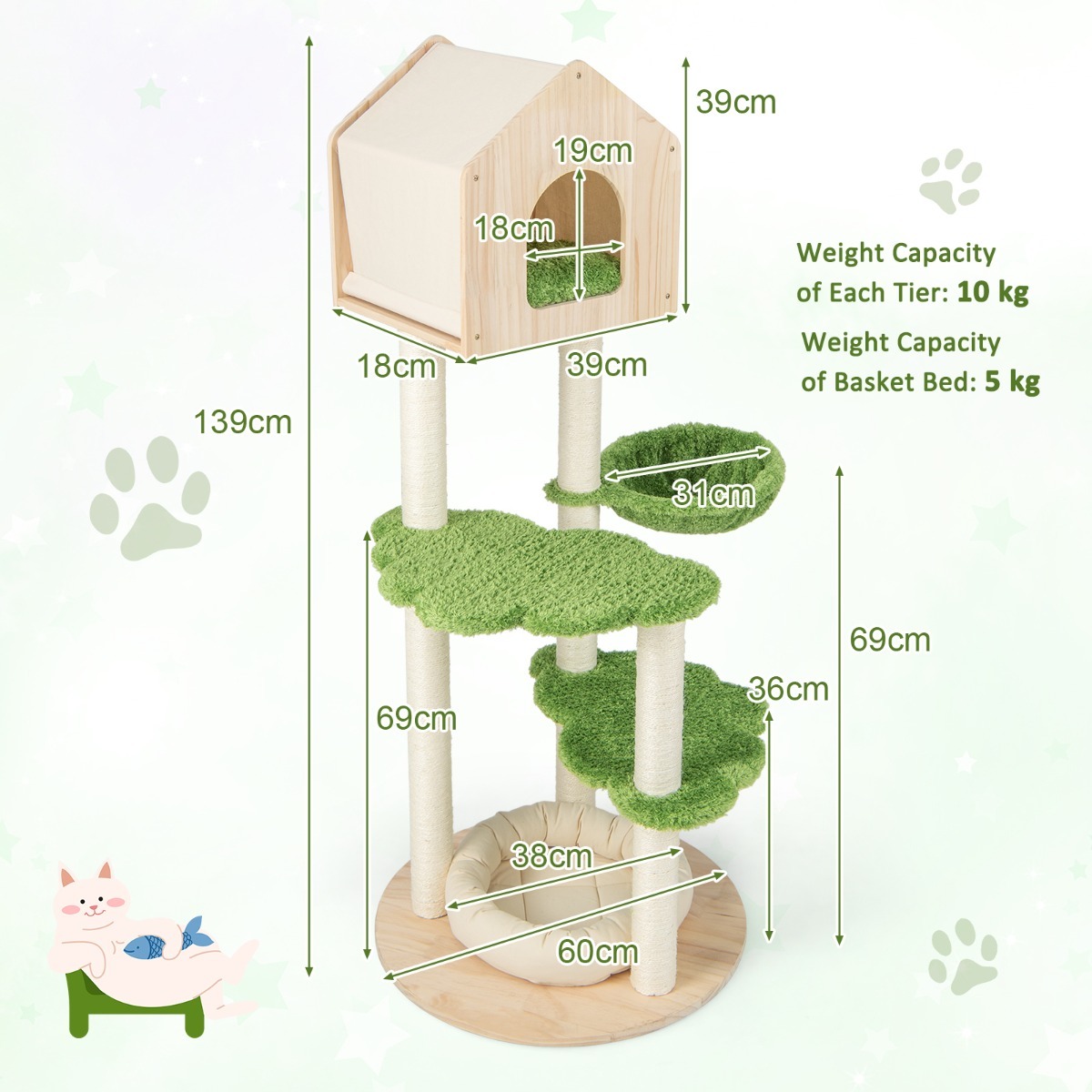 Furfurst 1.4M Cute Cat Tree with Sisal Scratching Posts for Indoor Cats