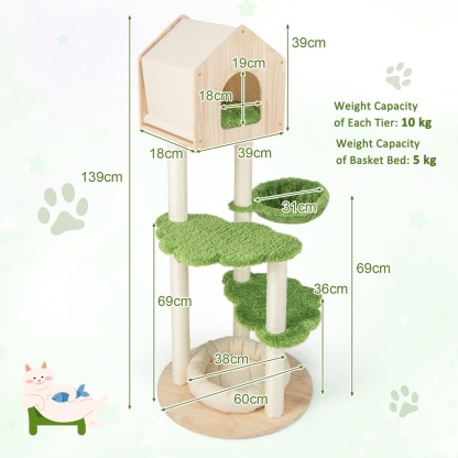 Furfurst 1.4M Cute Cat Tree with Sisal Scratching Posts for Indoor Cats