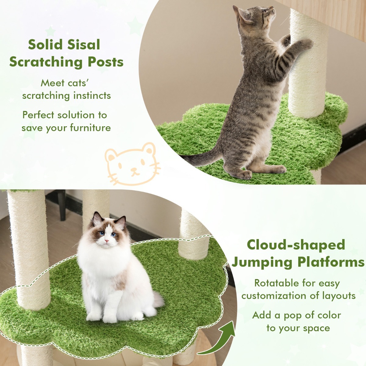 Furfurst 1.4M Cute Cat Tree with Sisal Scratching Posts for Indoor Cats