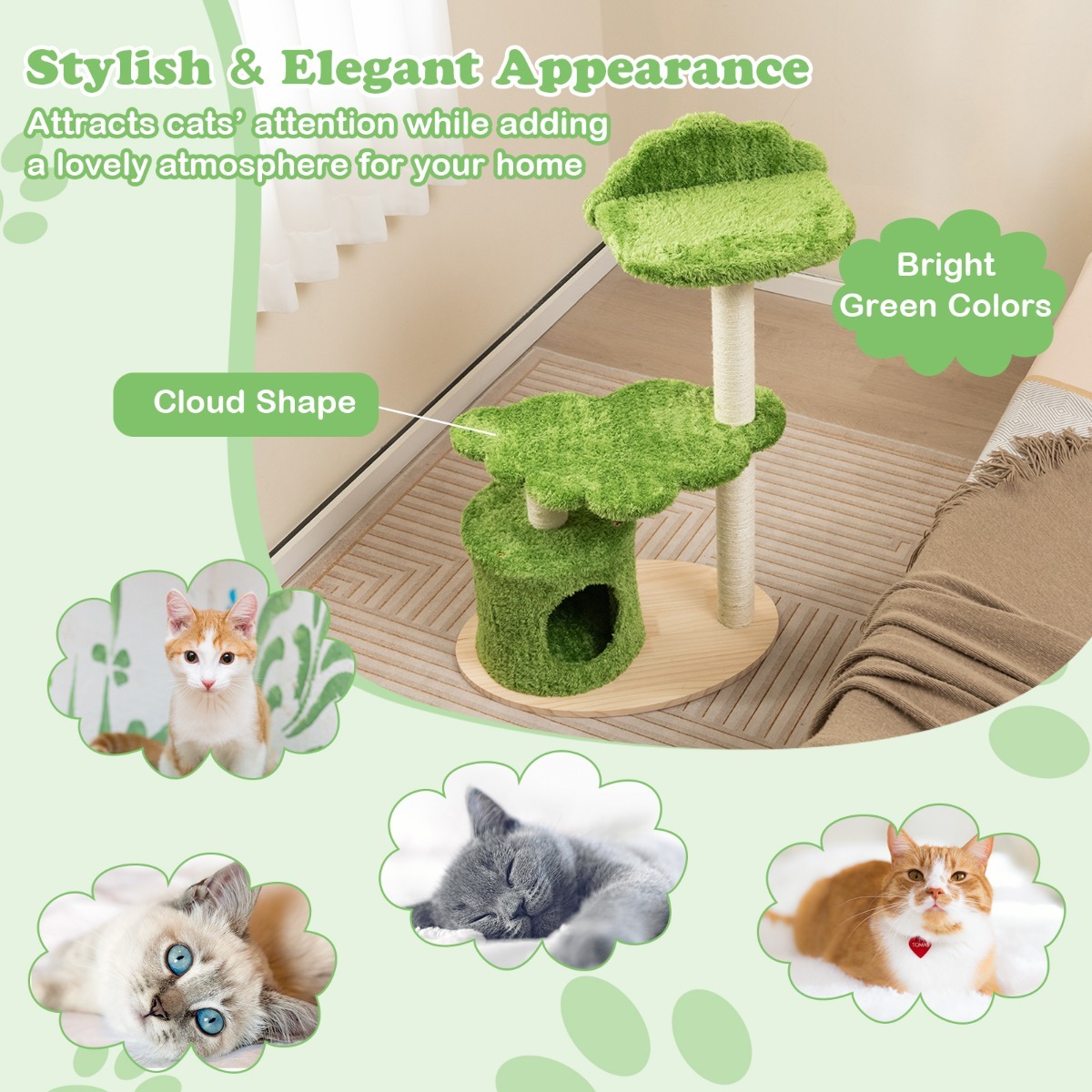 Furfurst 97CM Cute Cat Tree with Fully Wrapped Sisal Scratching Posts