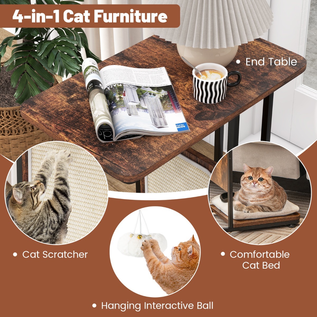 Furfurst Cat Tree and End Table with Scratching Board for Living Room Bedroom
