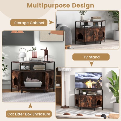 Furfurst Corner Cat Litter Box Enclosure with Open Shelf Entries and Double Doors