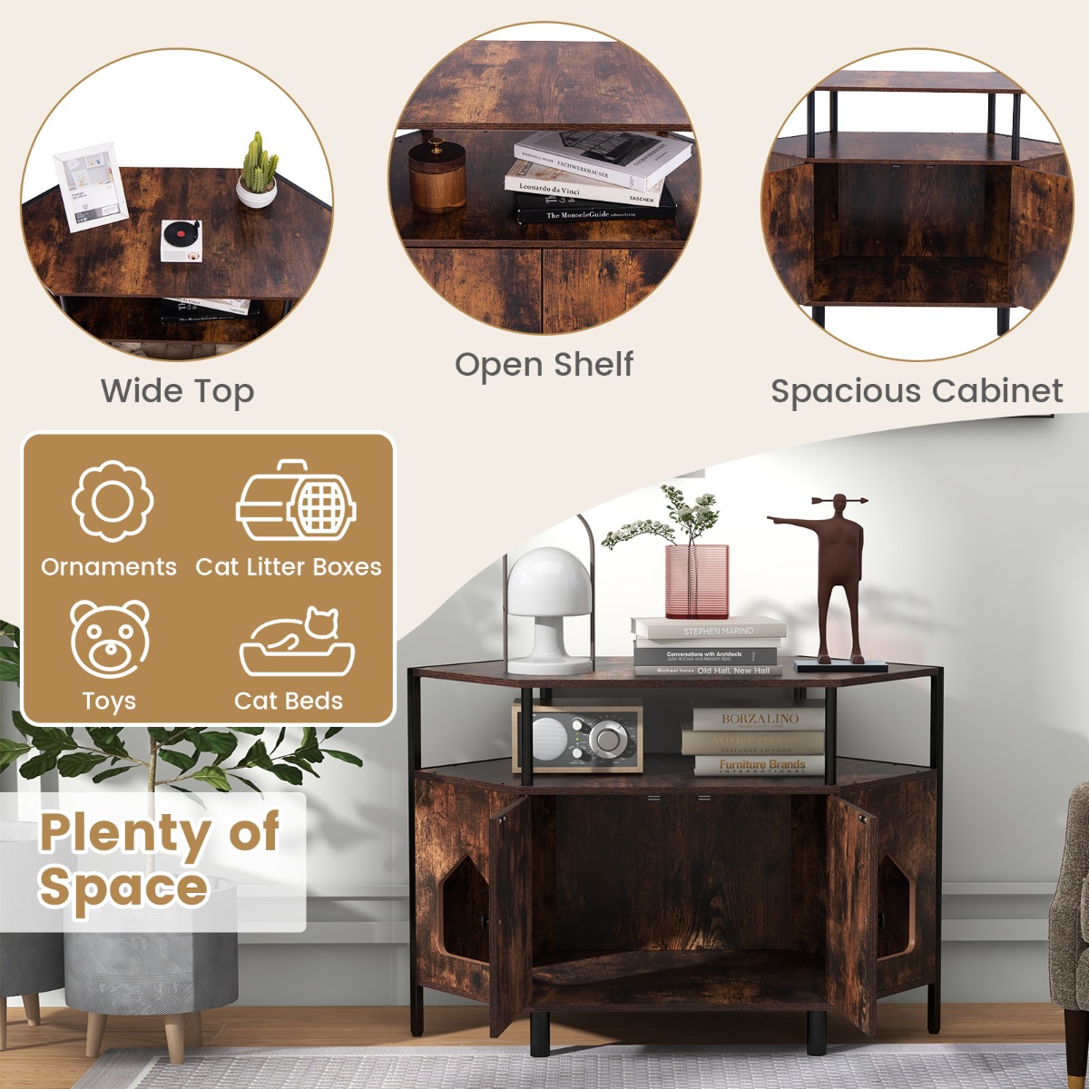 Furfurst Corner Cat Litter Box Enclosure with Open Shelf Entries and Double Doors