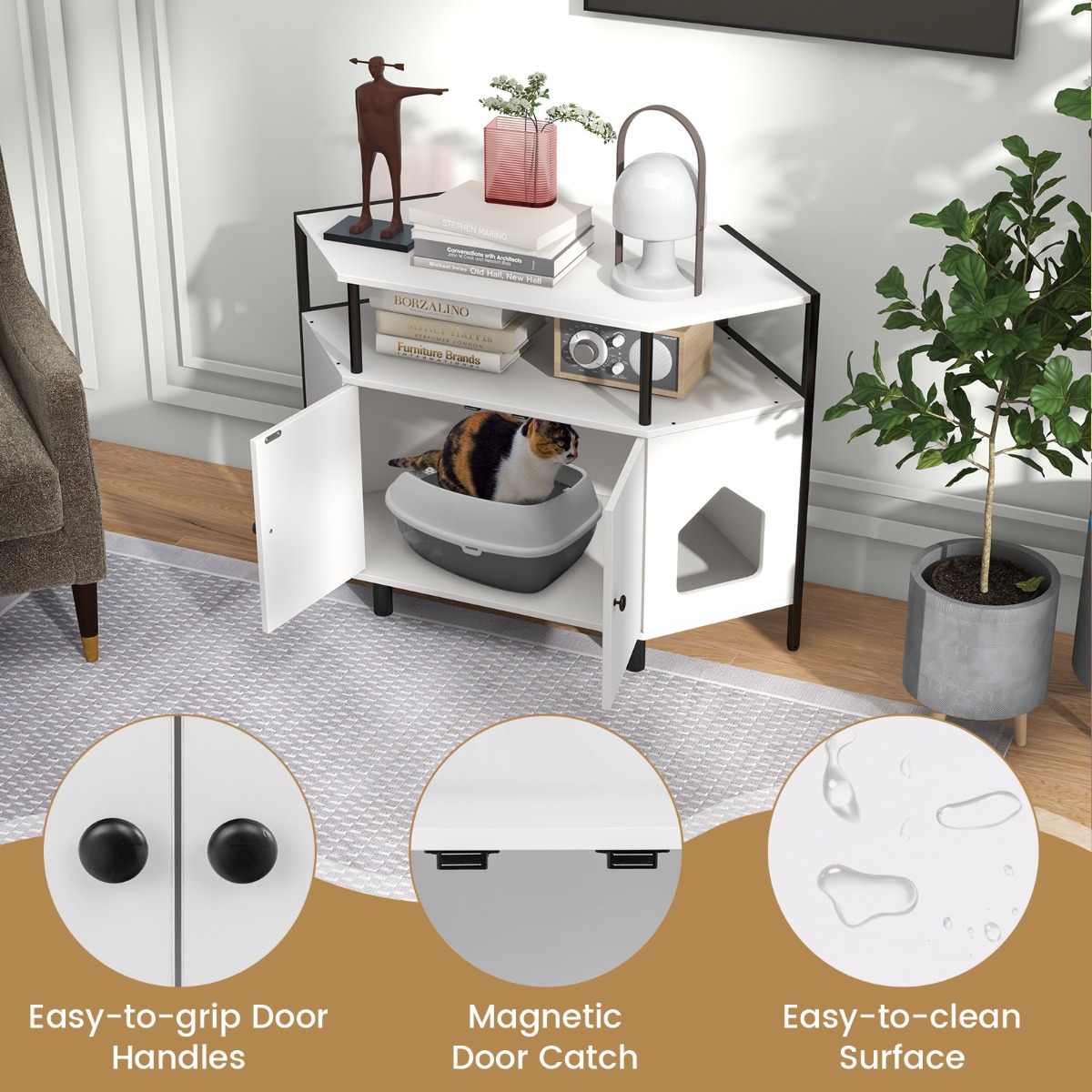 Furfurst Corner Cat Litter Box Enclosure with Open Shelf Entries and Double Doors