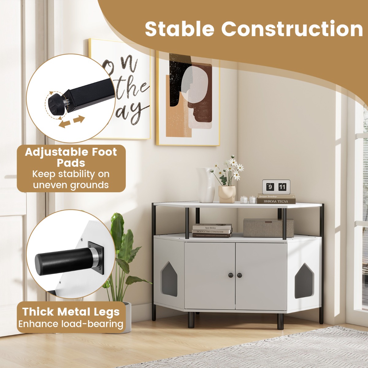 Furfurst Corner Cat Litter Box Enclosure with Open Shelf Entries and Double Doors