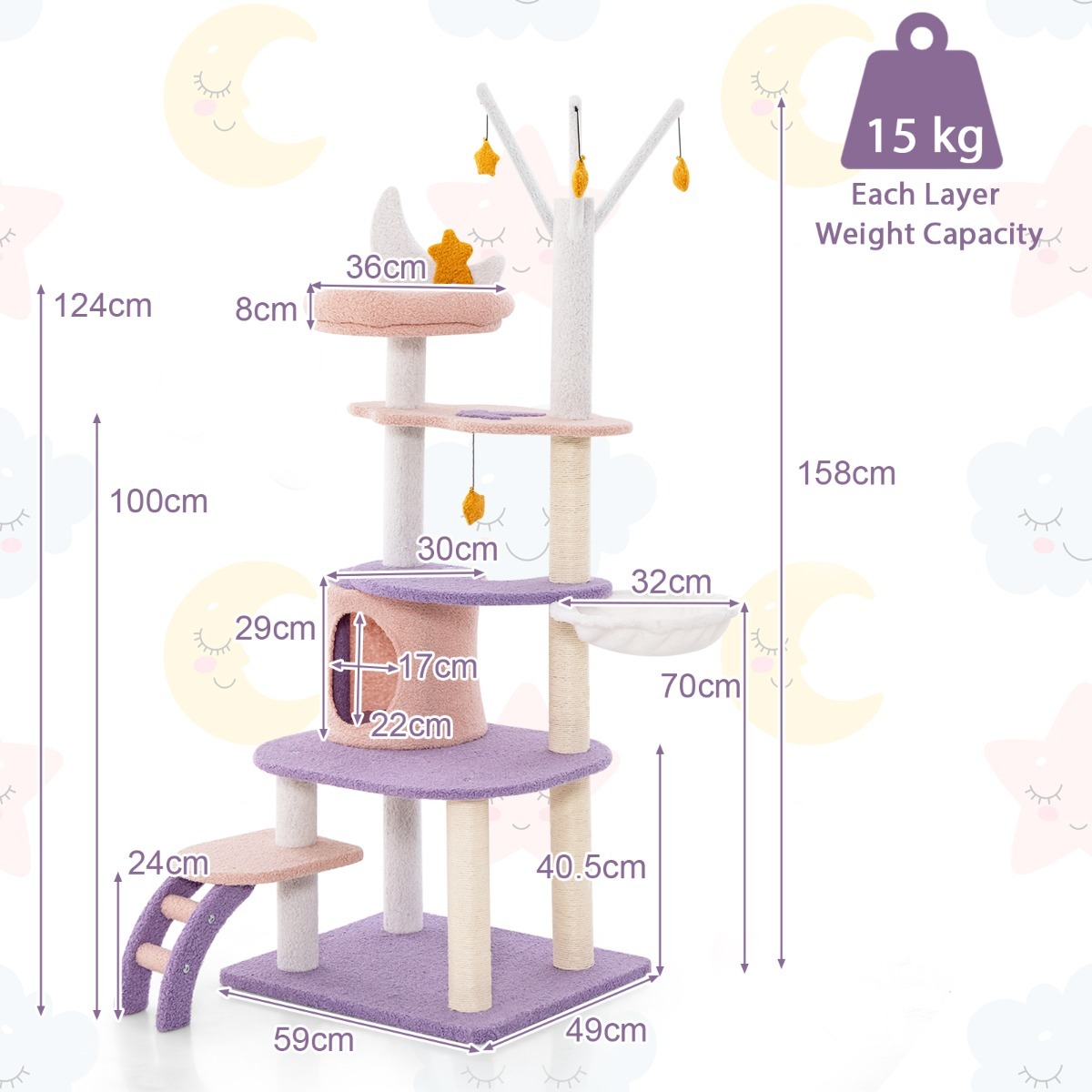 Furfurst 158CM Multi-level Cat Tree with Ladder and Sisal Covered Scratching Posts