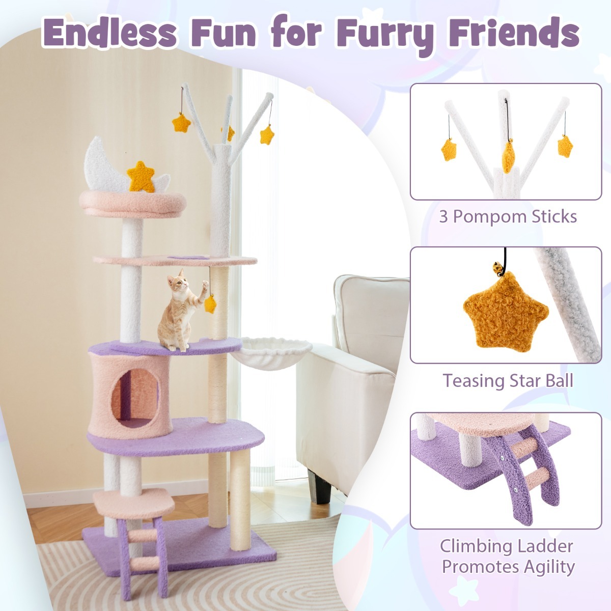 Furfurst 158CM Multi-level Cat Tree with Ladder and Sisal Covered Scratching Posts