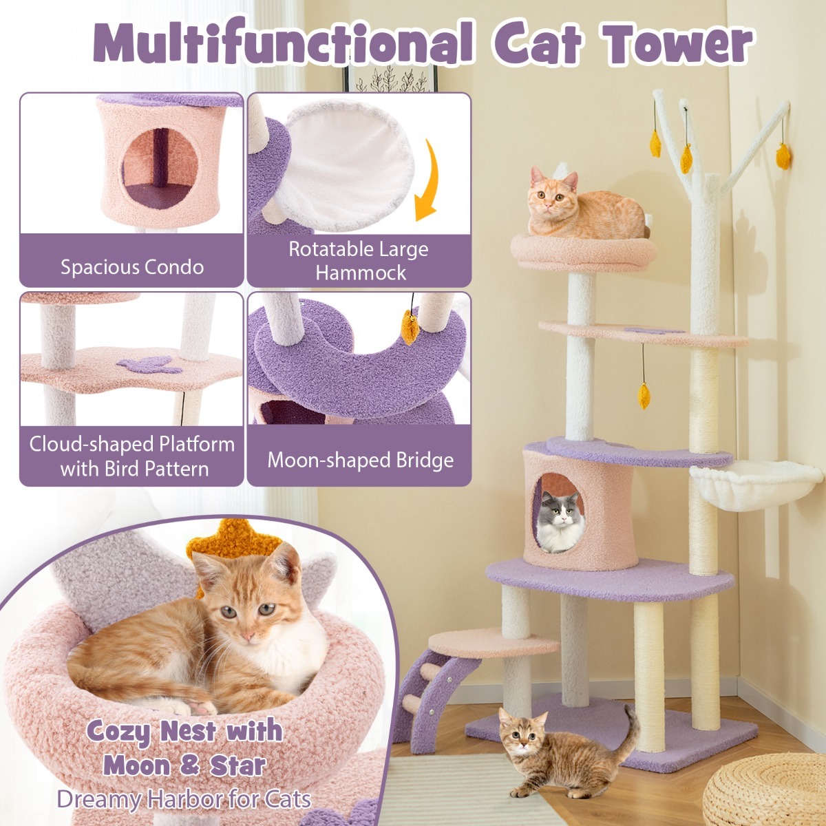 Furfurst 158CM Multi-level Cat Tree with Ladder and Sisal Covered Scratching Posts