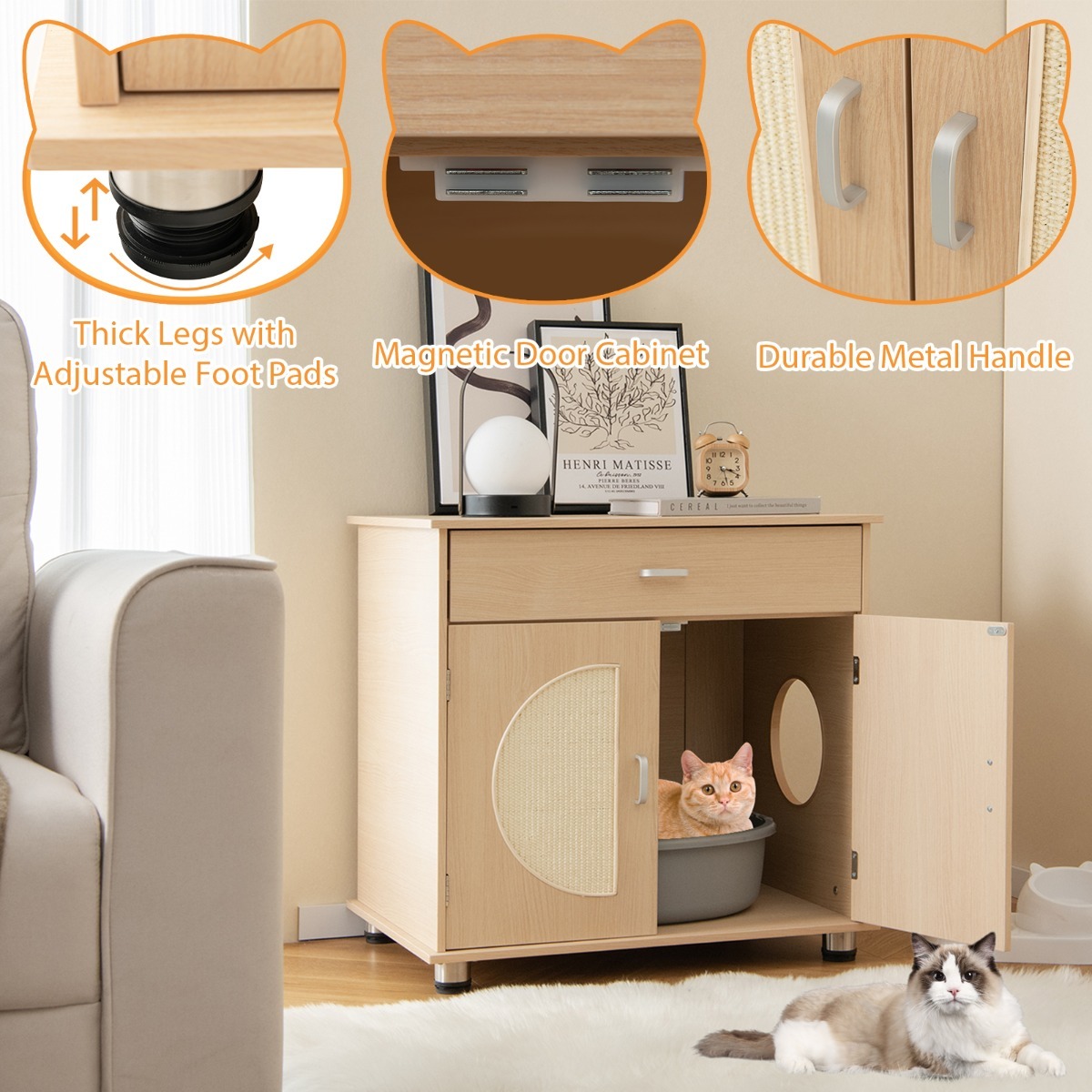 Furfurst Cat Litter Box Enclosure with Sisal Scratching Doors