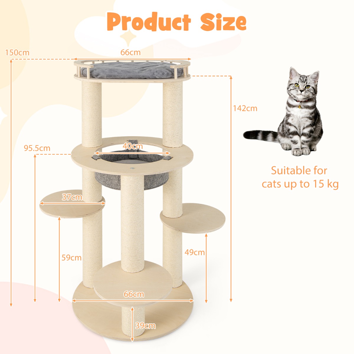 Furfurst 5-level Wooden Cat Tree Modern Cat Tower with Padded Perch
