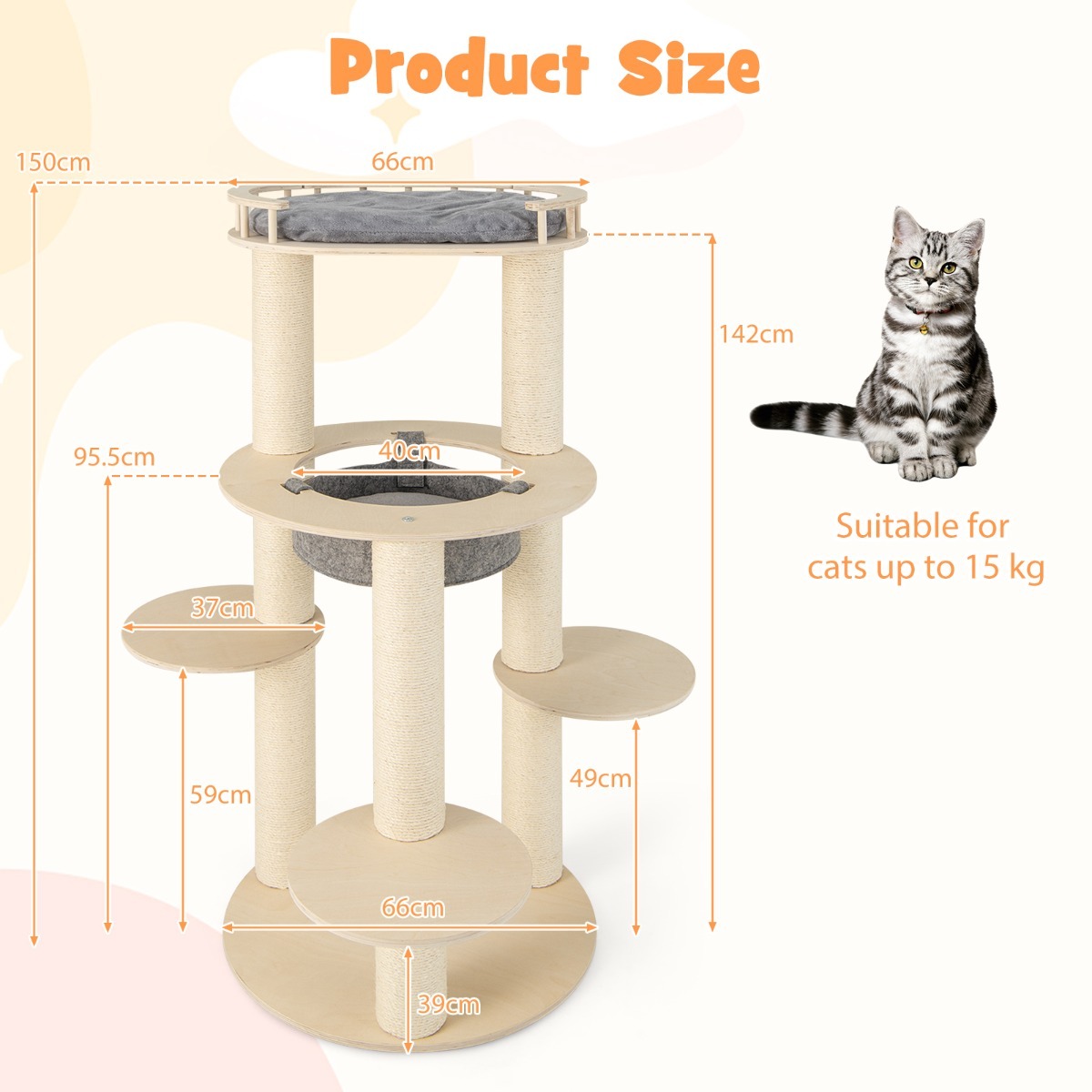 Furfurst 5-level Wooden Cat Tree Modern Cat Tower with Padded Perch