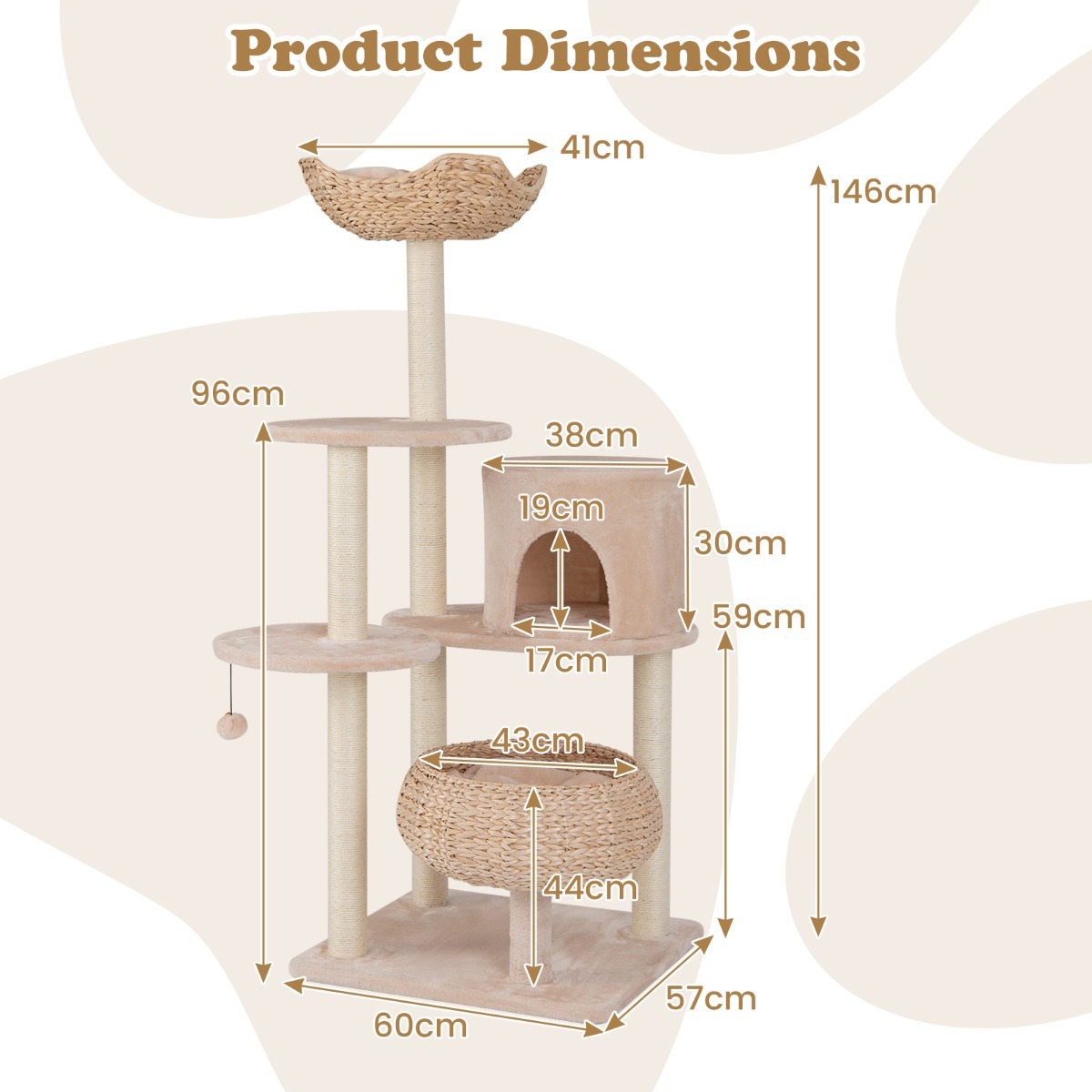 Furfurst 146cm Cattail Cat Tower with Sisal Scratching Posts Perch