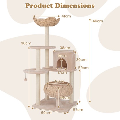 Furfurst 146cm Cattail Cat Tower with Sisal Scratching Posts Perch