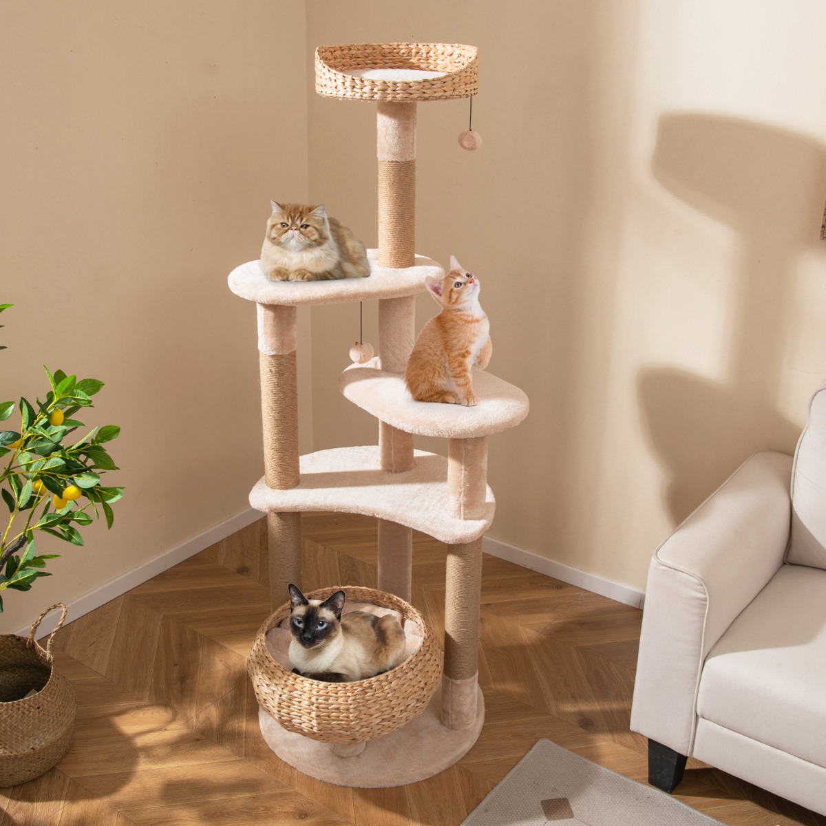 Furfurst 164cm Cattail Cat Tower with Jute Scratching Posts