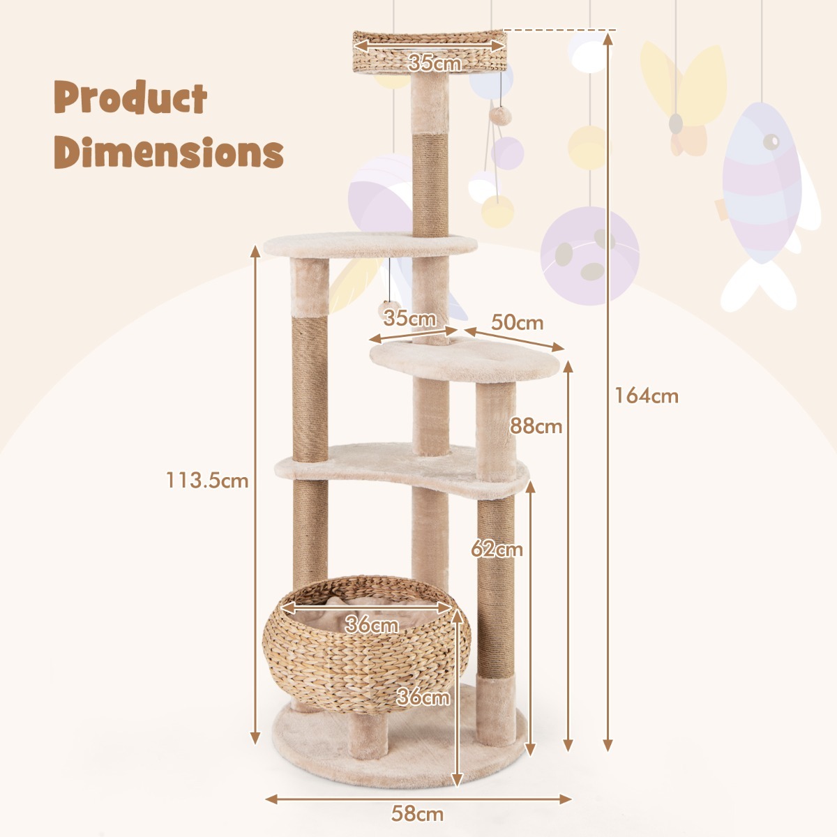 Furfurst 164cm Cattail Cat Tower with Jute Scratching Posts