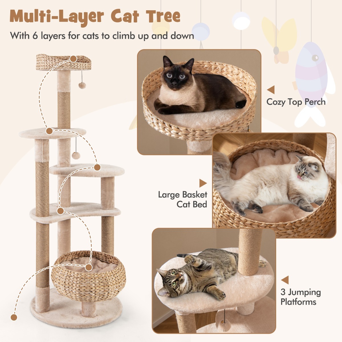 Furfurst 164cm Cattail Cat Tower with Jute Scratching Posts
