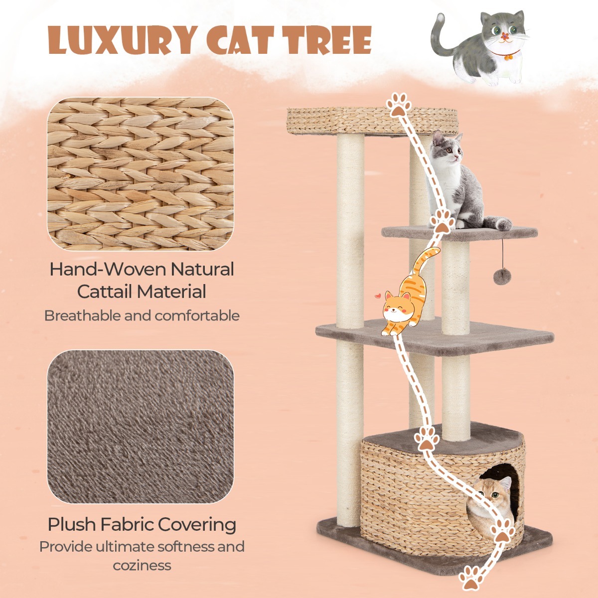 Furfurst 131cm Cattail Cat Tower with Sisal Scratching Posts Perch Condo Dangling Ball