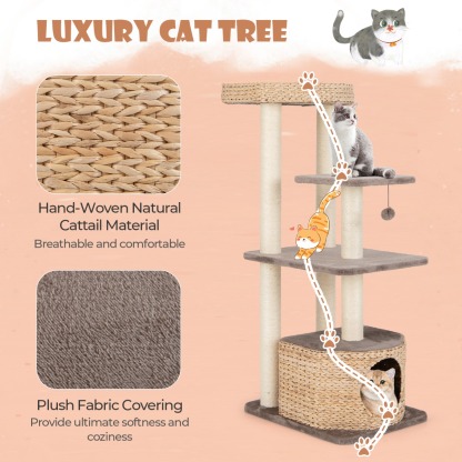 Furfurst 131cm Cattail Cat Tower with Sisal Scratching Posts Perch Condo Dangling Ball