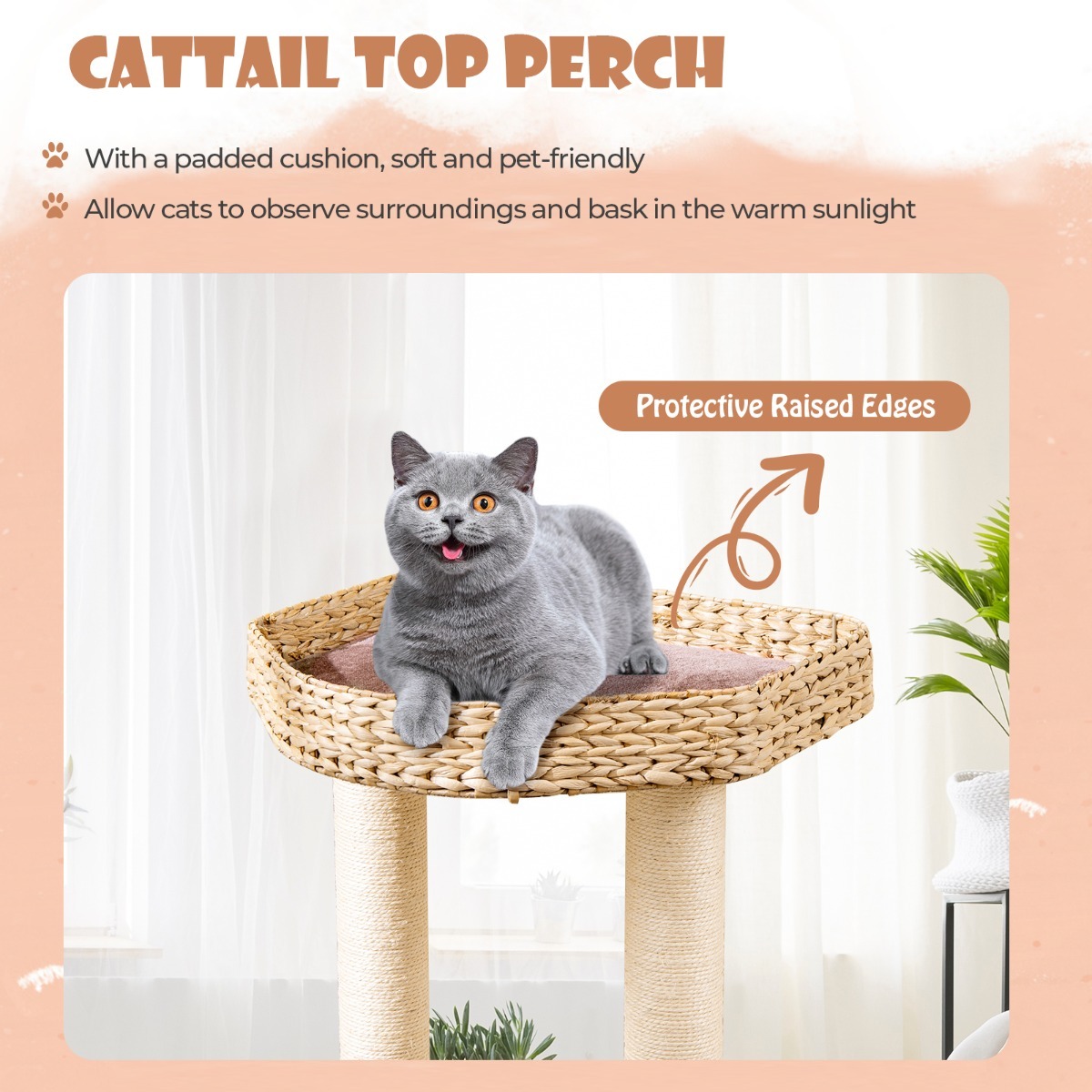 Furfurst 131cm Cattail Cat Tower with Sisal Scratching Posts Perch Condo Dangling Ball