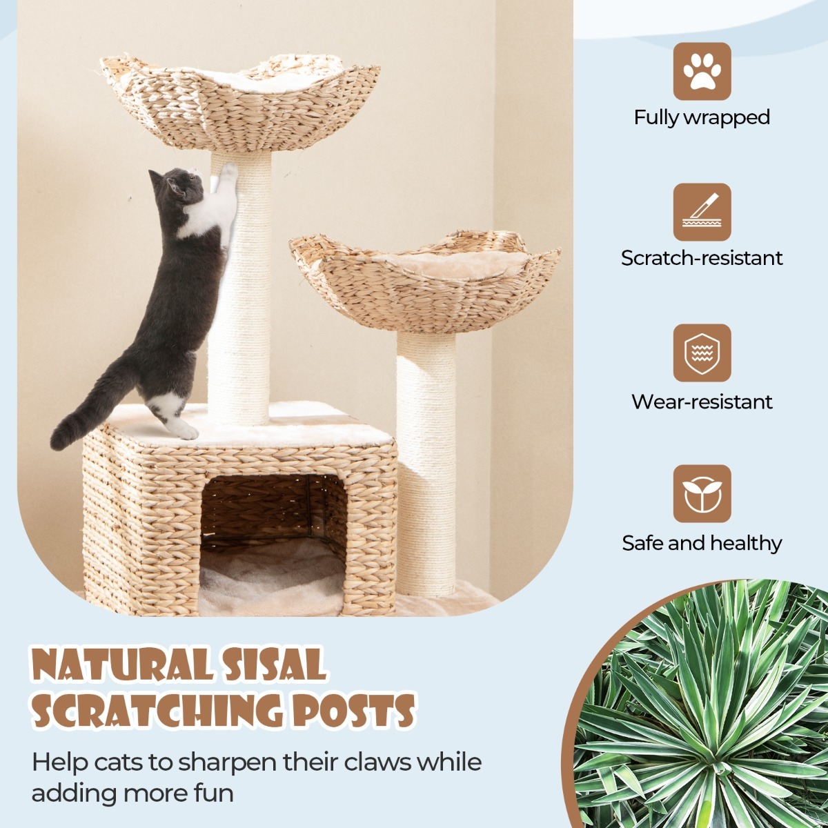 Furfurst 122cm Cattail Cat Tower with Sisal Scratching Posts Perch Condo