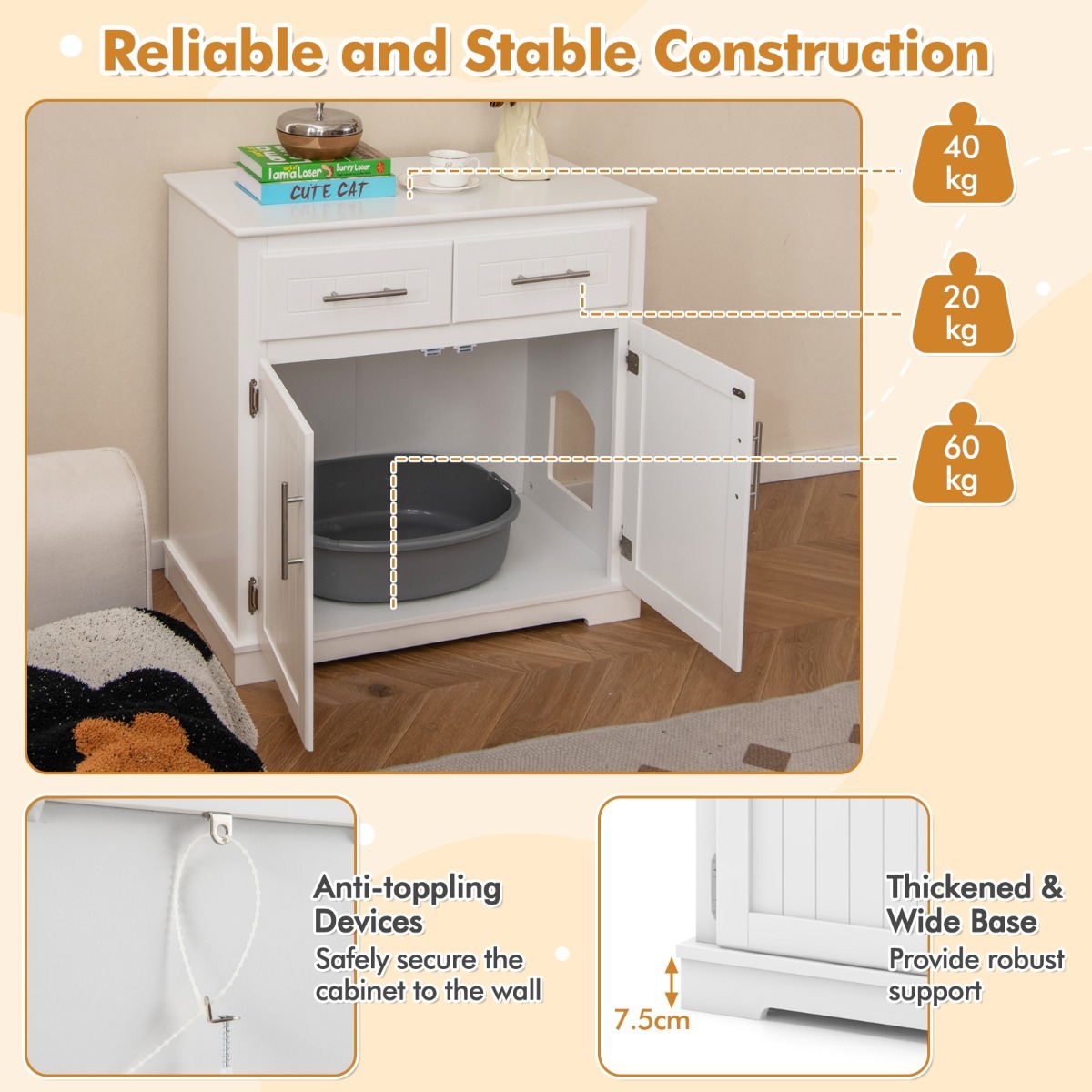 Furfurst Cat Litter Box Enclosure with 2 Drawers and Double Doors
