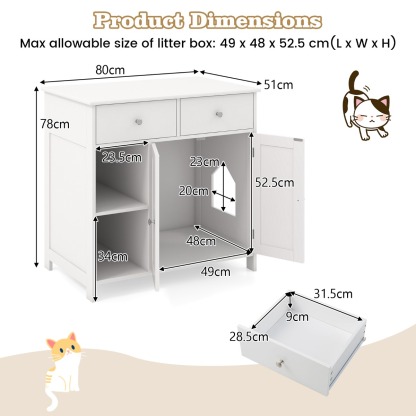 Furfurst Cat Litter Box Enclosure Washroom Side Cabinet Wooden House with Drawers