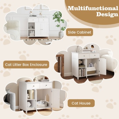 Furfurst Cat Litter Box Enclosure Washroom Side Cabinet Wooden House with Drawers