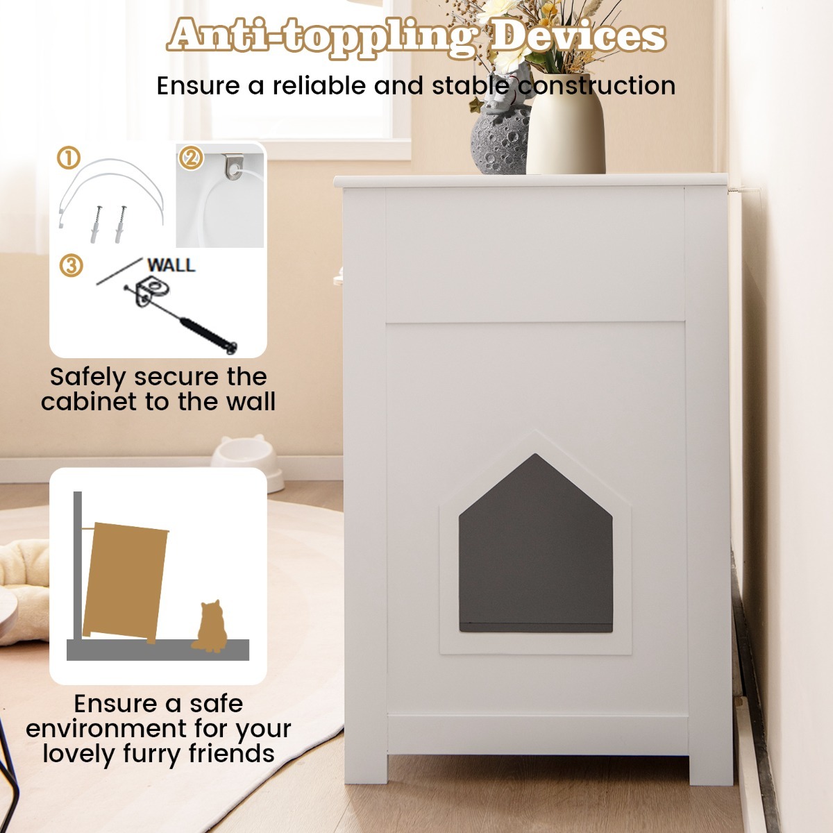 Furfurst Cat Litter Box Enclosure Washroom Side Cabinet Wooden House with Drawers