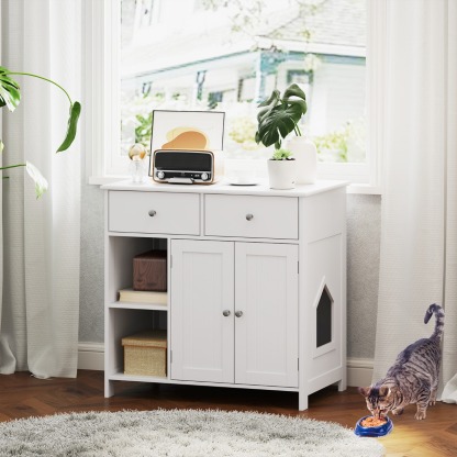 Furfurst Cat Litter Box Enclosure Washroom Side Cabinet Wooden House with Drawers