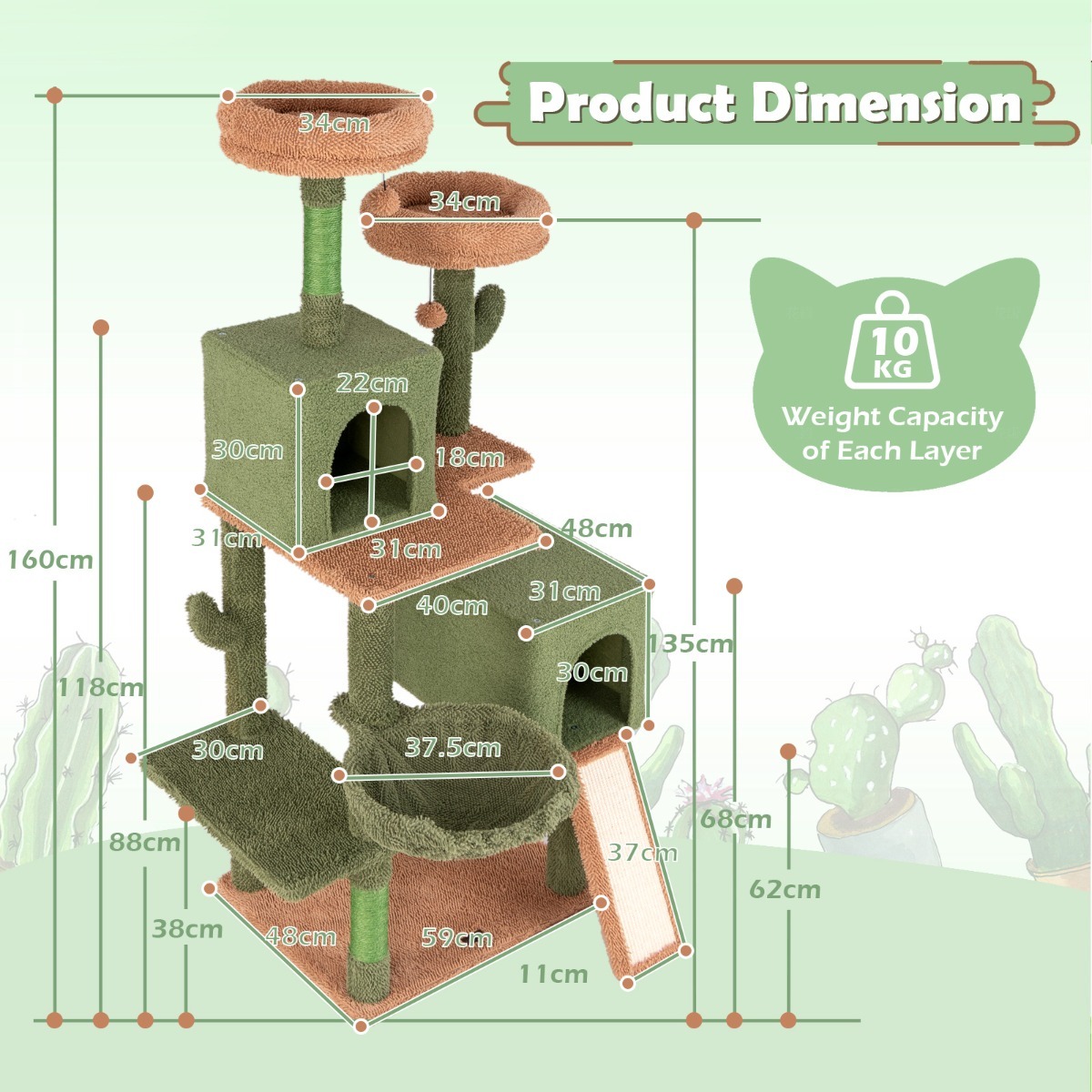 Furfurst 160cm Cactus Cat Tree Multi-level Cat Tower with Sisal Scratching Posts