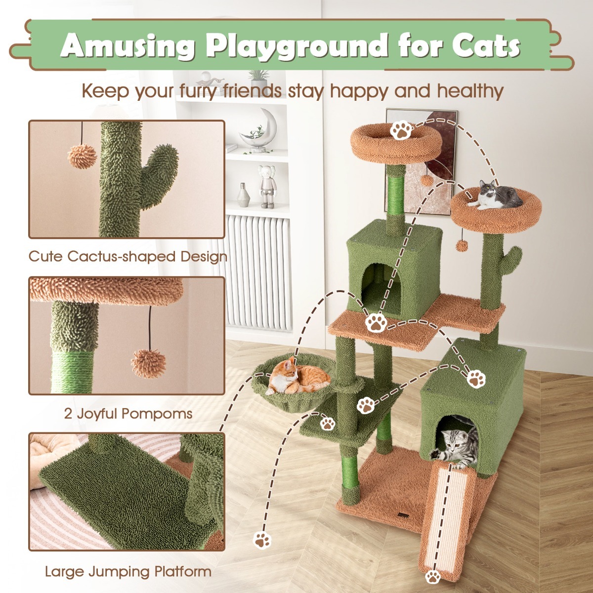 Furfurst 160cm Cactus Cat Tree Multi-level Cat Tower with Sisal Scratching Posts