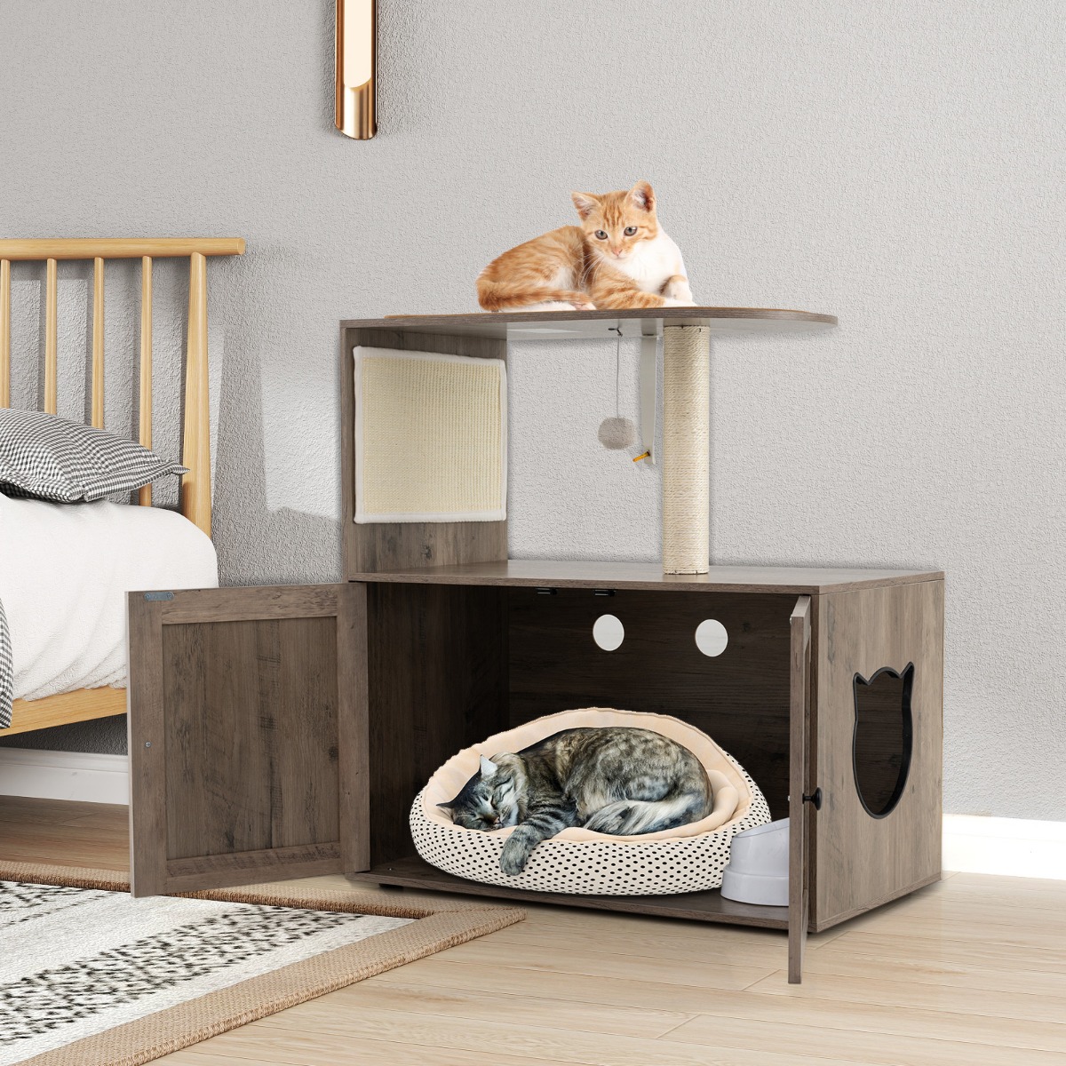 Furfurst 88cm Tall Wooden Cat Tower with Sisal Scratching Post and Mat Dangling Ball and Top Perch