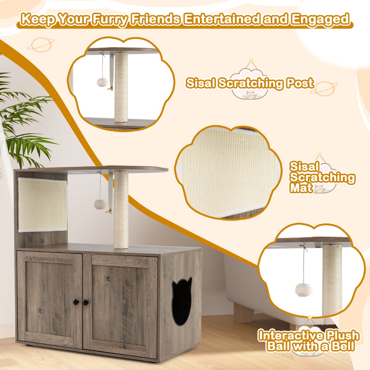 Furfurst 88cm Tall Wooden Cat Tower with Sisal Scratching Post and Mat Dangling Ball and Top Perch
