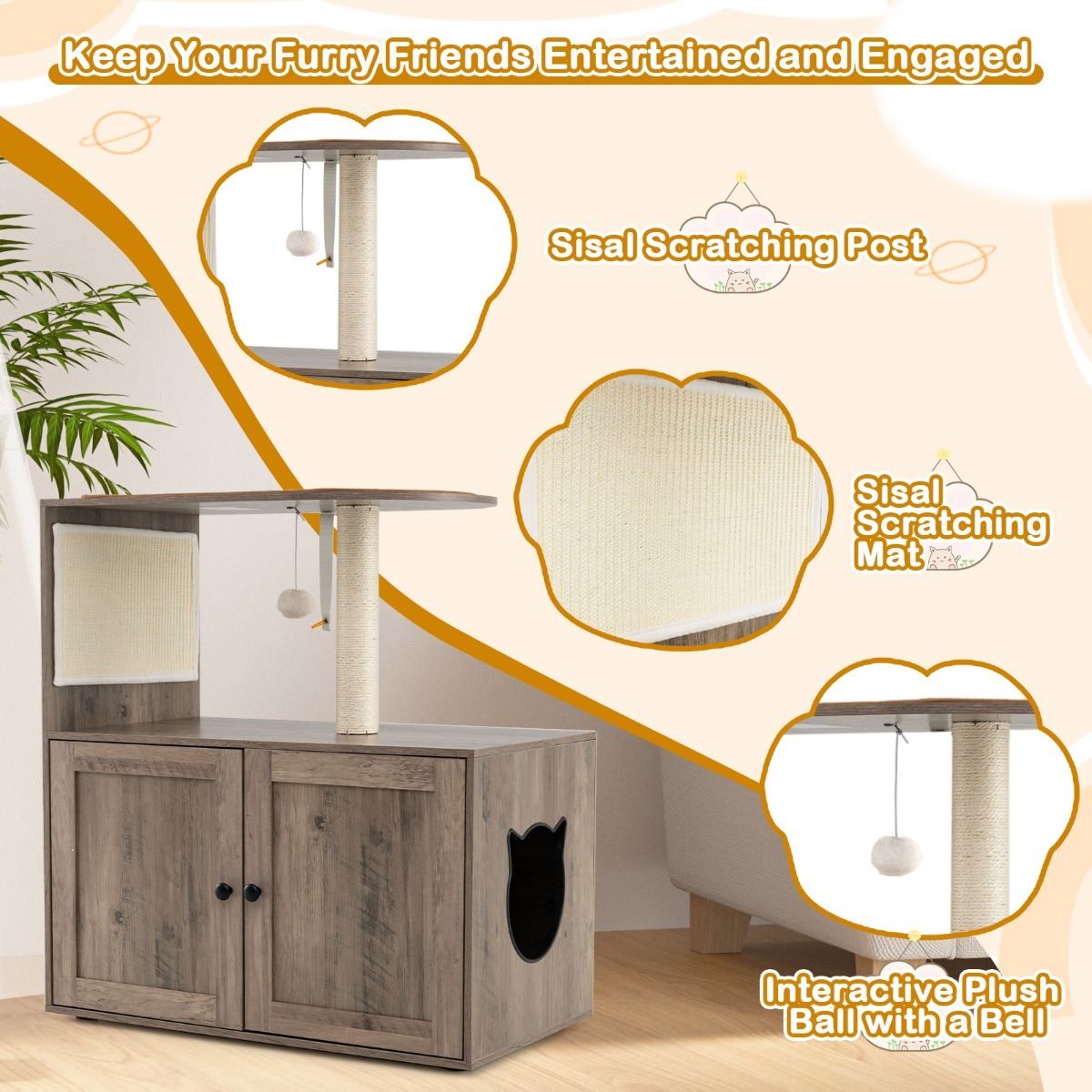Furfurst 88cm Tall Wooden Cat Tower with Sisal Scratching Post and Mat Dangling Ball and Top Perch