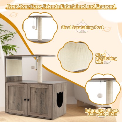 Furfurst 88cm Tall Wooden Cat Tower with Sisal Scratching Post and Mat Dangling Ball and Top Perch