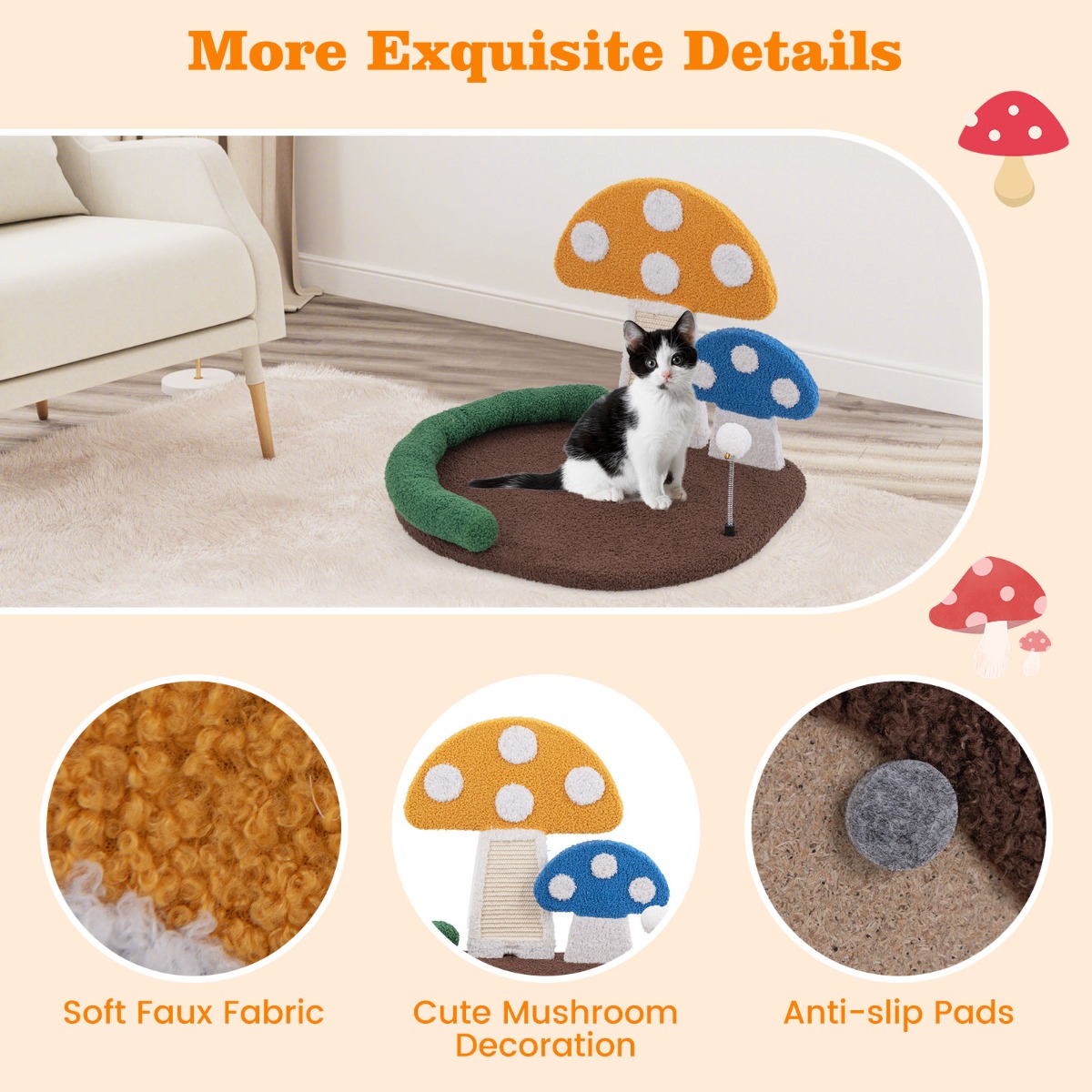 Furfurst Mushroom Cat Bed with Wide Bed and Sisal Scratch Panel