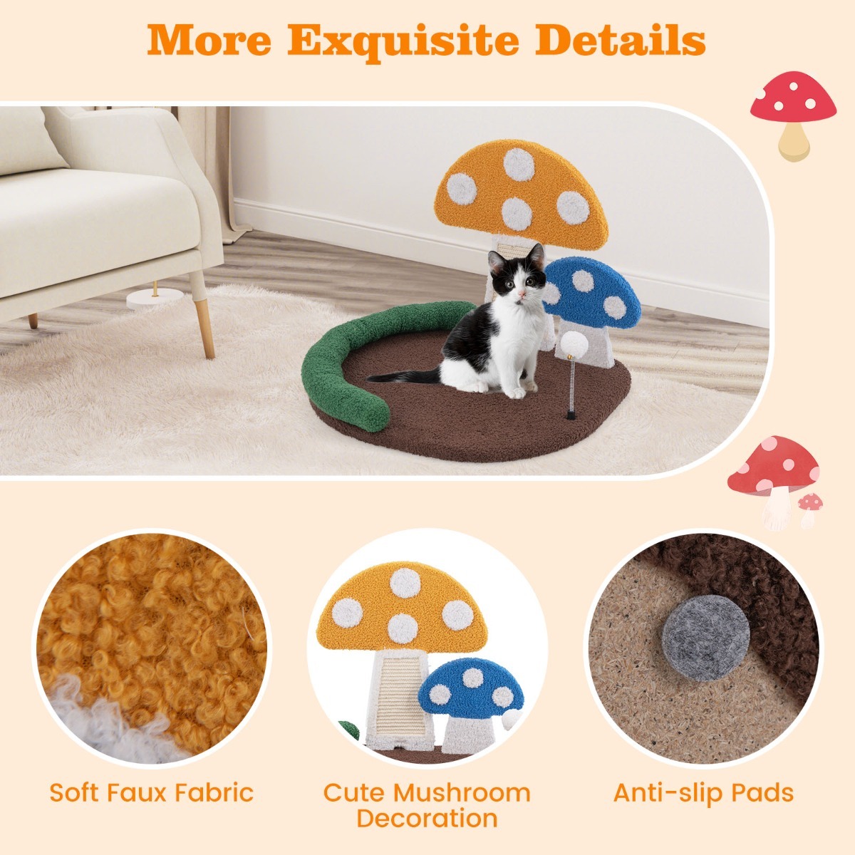 Furfurst Mushroom Cat Bed with Wide Bed and Sisal Scratch Panel